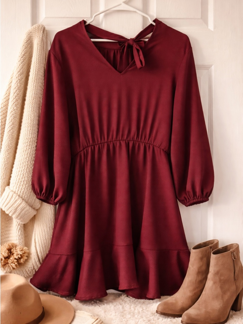 Burgundy Babydoll Dress Tie Neck Long Sleeve Flowy Boho Cottagecore L